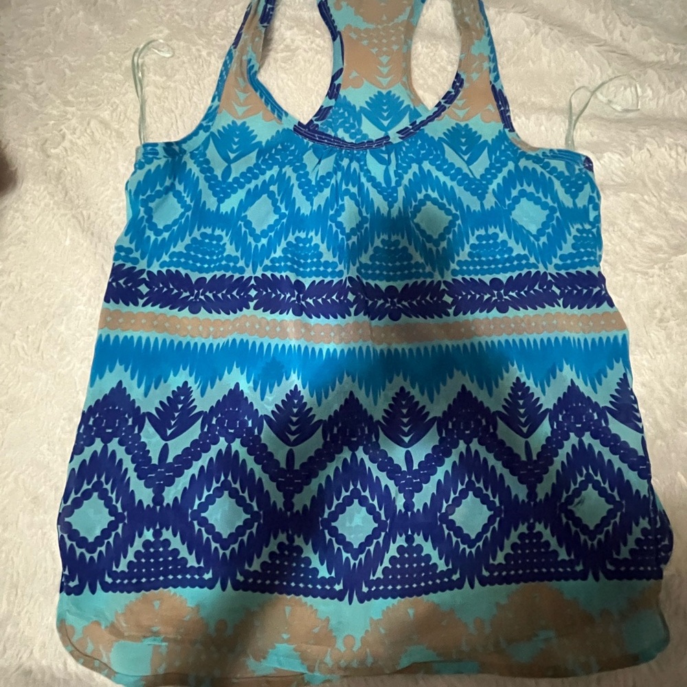 Trina Turk 89% silk Blue and Tan Sleeveless Tank Top size L